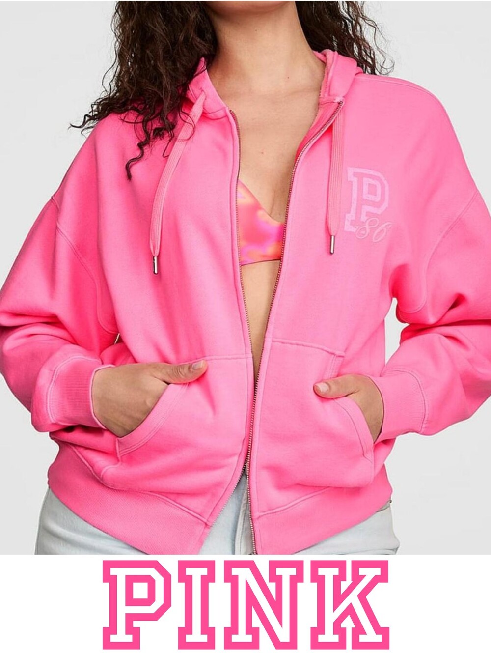 NEW Victoria's Secret PINK Neon Pink Hoodie Jacket Sz L Barbie Hot Pink Campus